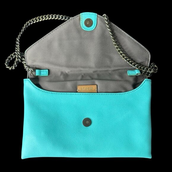 J CREW Teal Turquoise Purse Handbag Leather Envelope Clutch Shoulder Bag Chain - Picture 2 of 7